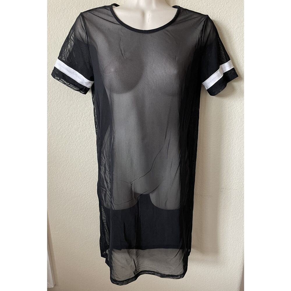 Forever 21 Black Sheer Mesh Striped Trim Crew Neck Women’s T Shirt Dress Size XS